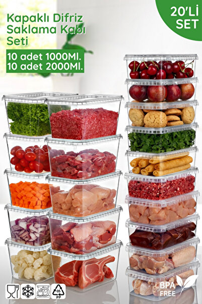 Nandy Home Set of 20 New Storage Containers with Lids for Freezer Use - 10X1Lt / 10X2Lt.