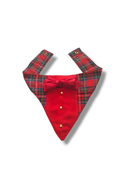 STE Ekose Desenli Erkek Köpek Bandana – Yılbaşı Temalı Yıldız Düğmeli ve Papy...