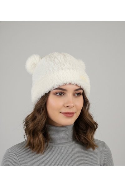 Şirin Giyim Aksesuar Teddy Bear Hat Women's Bear - Ecru Eared Winter Beanie Animal Figure