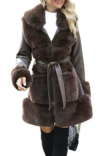 OEM - Long women's coat, faux leather/faux fur, brown, M INTL