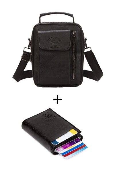 Newish Men's Mechanism Wallet and Leather Cover Shoulder Hand Bag (17X22Cm) - Black