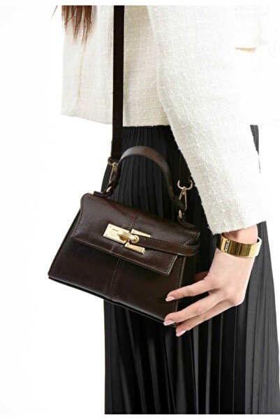 ÇANTA Suni Deri Gold tokalı Klasik Kadın el çantası