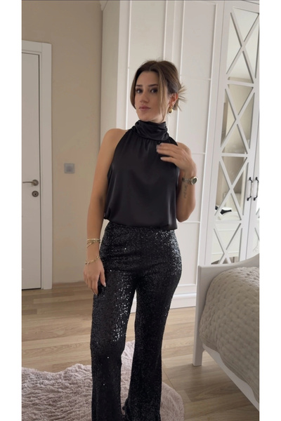 Greenboutique Pullu Payet Bol Paça Beli Lastikli Pantolon Siyah