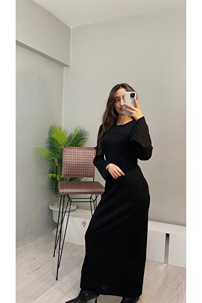 Butik Kadın uzun kol şık midi boy triko elbise