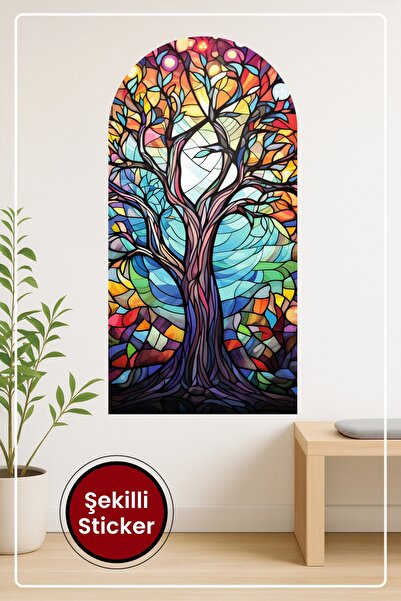 KOSS Dijital Oval Şekilli Sanatsal Vitray Sticker Renkli Ağaç ve Soyut Arka Plan Temalı Dekoratif Duvar Manzara