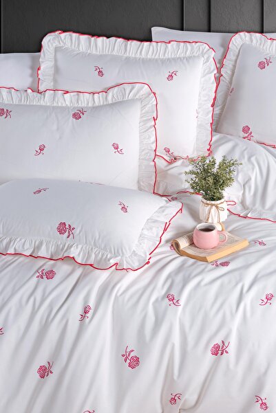 GARDEN ROOM Gold Series Fırfırlı - Kırmızı Gül Tek Kişilik Nevresim Seti %100 Pamuk