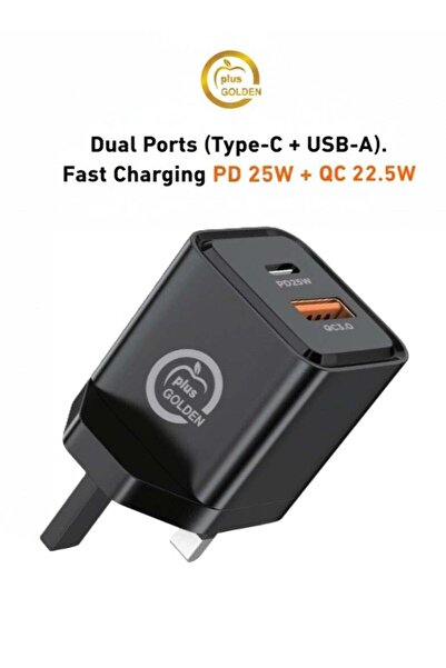 Golden Plus Dual-Port Fast Wall Charger (PD 25W & QC 22.5W) with USB-C and USB-A