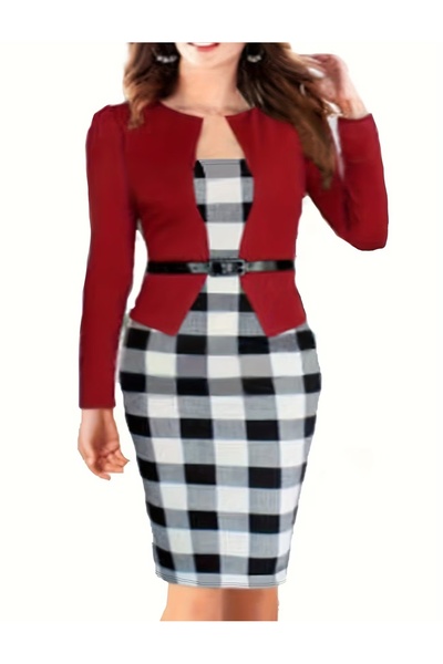RANO-BOUTİQUE Women's 2-in-1 Plaid Bodycon Dress with Long Sleeves