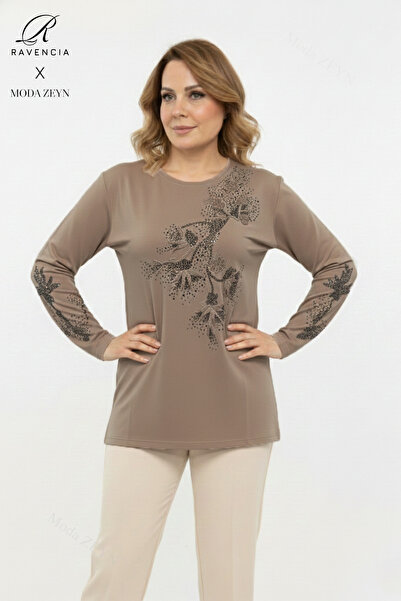 Ravencia Women's Middle Age and Above Viscose Leaf Pattern Stone Slit Embroidered L Stretch Fabric Mother Combed Cotton Blouse