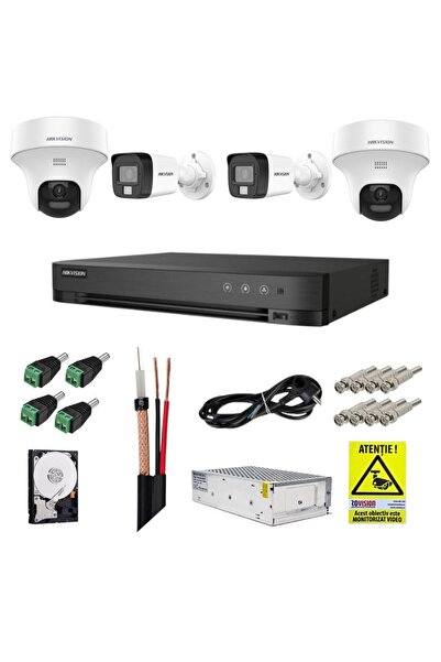 Hikvision kit de supraveghere — 2 camere fixe de 5×5MP + 2 camere PT de 3×3K/5MP, audio bidirecțional, Dual Light 20m, D