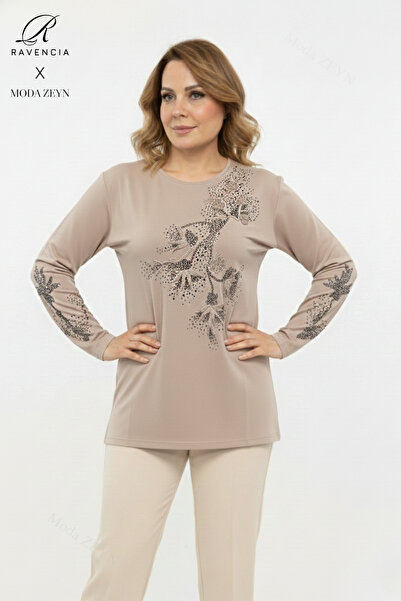 Ravencia Bluză pentru femei de vârstă mijlocie și peste, din viscoză, cu model de frunze, cu piatră, cu fantă brodate L material elastic Mother P bumbac moale