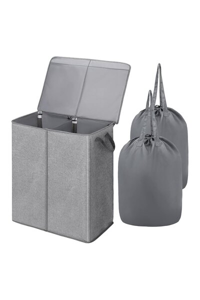 OEM 135L Folding Laundry Basket with 2 Compartments and Lid - Grey
