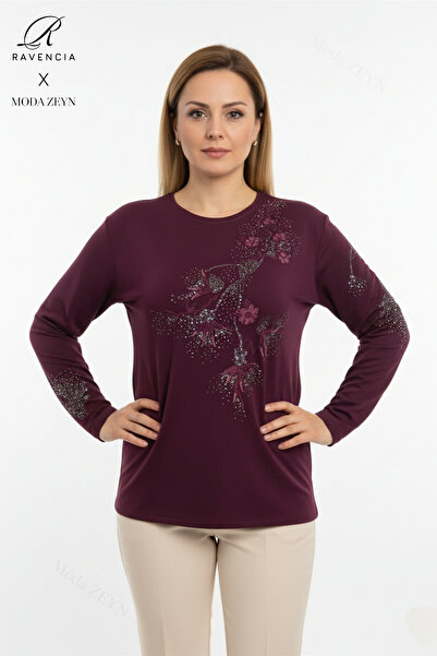 Ravencia Women's Middle Age and Above Viscose Leaf Pattern Stone Slit Embroidered L Stretch Fabric Mother Combed Cotton Blouse