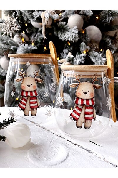 Rolin Design Yılbaşı Geyik Temalı Kaşıklı Bambu Kapaklı Kavanoz 1000ml