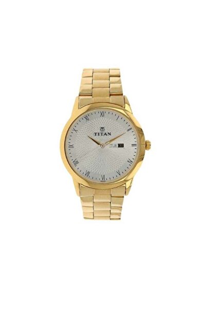 Titan Quartz Analog Day-Date Silver Round Dial Golden Stainless Steel Strap W...