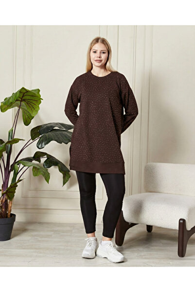 Birol Triko Women's Dark Brown Slit Tunic with Crystal Stone Accessories