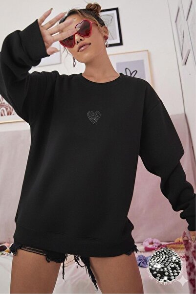 NO 601 Hanorac negru pentru femei Heart Stone cu imprimeu fără glugă