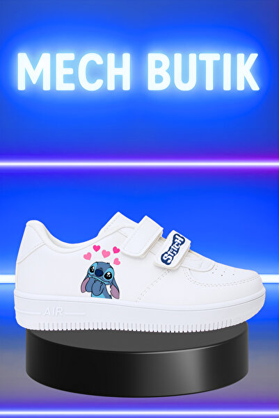 MECH BUTİK Pantofi sport pentru copii cu velcro alb-negru cu imprimeu Stich