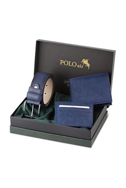 Polo Air Set cadou pentru barbati cu 3 piese, portofel,suport carduri si curea din piele blue marin
