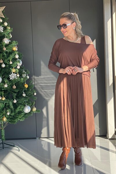 MİSLİNA BUTİK Pilise Etek Detay Açık Kahve Elbise
