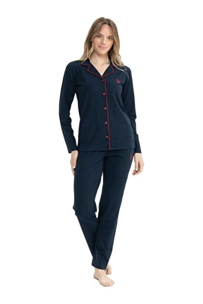 U.S. Polo Assn. Front Buttoned, Cotton & Modal Fabric, Shirt Collar, Long Sleeve, Transitional , Women's Pajama Set Laciv
