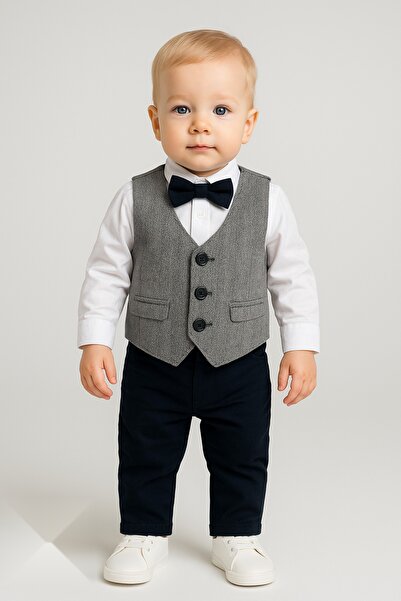 Cenanın Dolabı Erkek Bebek 4’lü Takım Elbise Seti Papyonlu Yelekli Gömlek Pantolon Düğün Sünnet Doğum Günü Kıyafeti