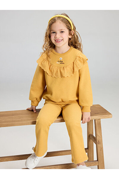 LC Waikiki Yellow crew neck girls' sweatshirt and leggings set