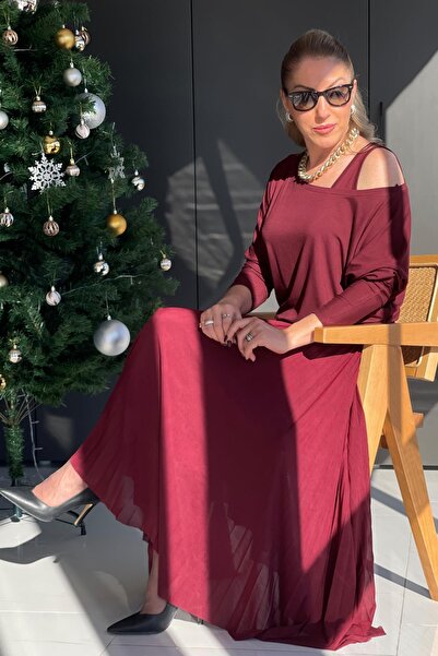 MİSLİNA BUTİK Pilise Etek Detay Bordo Elbise