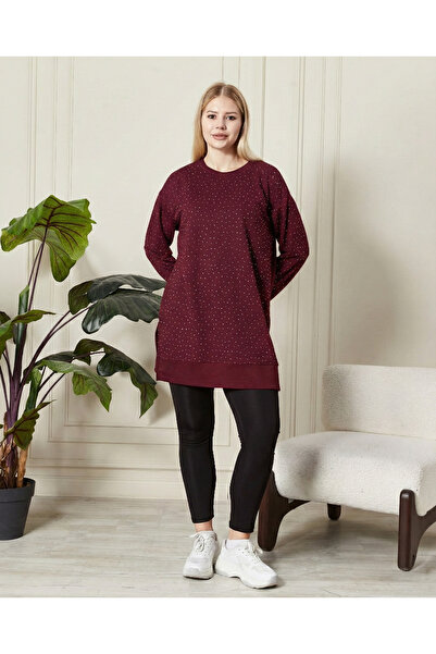 Birol Triko Kadın Vişne Yırtmaçlı Kristal Taş Aksesuarlı Tunik