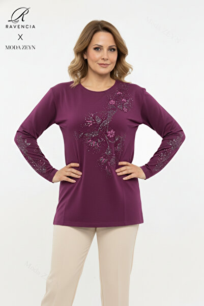 Ravencia Bluză pentru femei de vârstă mijlocie și peste, din viscoză, cu model de frunze, cu piatră, cu fantă brodate L material elastic Mother P bumbac moale