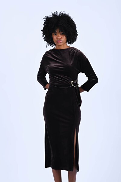 la luce Kahve Toka Detaylı Yırtmaçlı Kadife Elbise - QE397