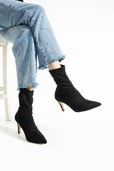 Bufu Karen Sivri Topuklu Streç Süet Bot