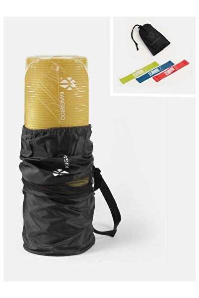 KANGAROO مجموعة بساط تمارين رياضية بسماكة 15 مم، لون أصفر، مع شريط مقاومة ثلاثي