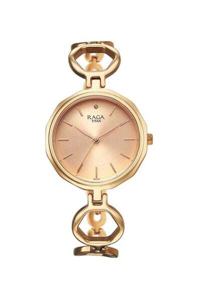 Titan ساعة راجا التناظرية ذات المينا الدائرية باللون الذهبي الوردي والسوار الذهبي للنساء