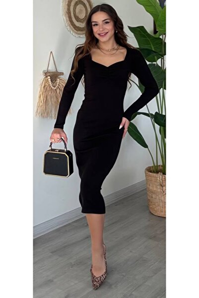 Şamdan Kalp Yaka Midi Boy Triko Elbise