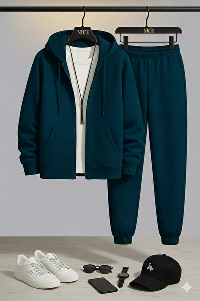 NİCE ERKEK FERMUARLI KAPÜŞONLU EŞOFMAN TAKIMI|Rahat Kesim,Spor Giyim,Günlük Kombin,Cepli Hırka-Jogger Alt