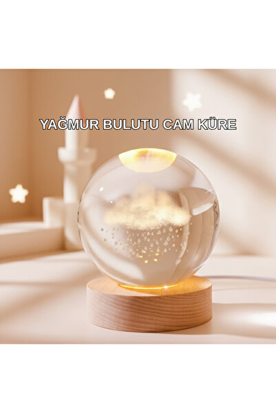 AyrStore 3D Yağmur Bulutu Desenli Kristal Top Usb Gece Lambası Ahşap Tabanlı ...