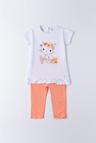 Sarabanda - Leggings and Printed T-Shirt Set, White / Salmon Pink, 104 cm