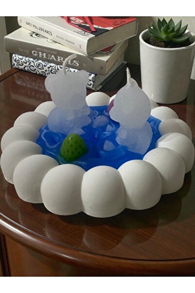 afezba Hediyelik Yuvarlak Beton Tabak Mum 2 Adet Ayıcık Ve Süslemeler