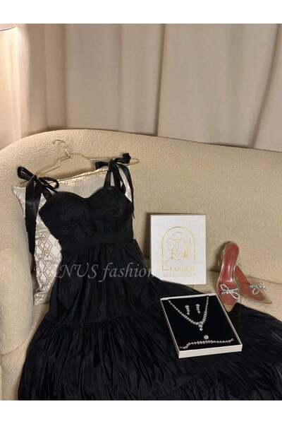 vanus fashion فستان اسود طبقات 4368