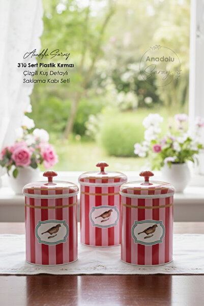 Anadolu Saray 3-Piece Hard Plastic Red Striped Bird Detailed Storage Container Set Kitchen Organizer and Storage Container