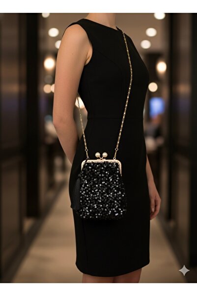 Home 18x18 ölçülerinde Siyah Pullu Işıltılı Gece çantası %100 El emeği