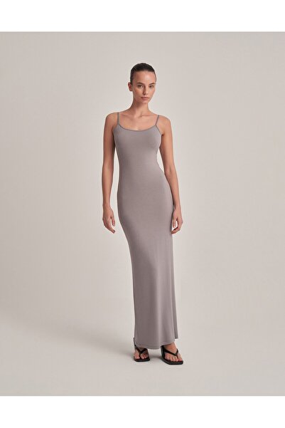 lessandromance SIRT DEKOLTELİ ASKILI UZUN ELBİSE KÜL GRİ