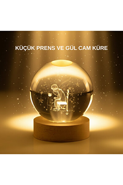 UCUZTEKNO Küçük Prens Cam Küre USB Işıklı Ahşap Standlı Büyük Boy