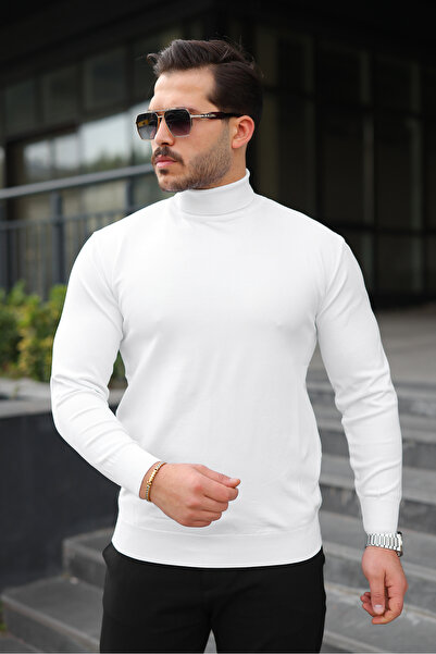 comstar Men's Casual Turtleneck High Neck White Knit Sweater