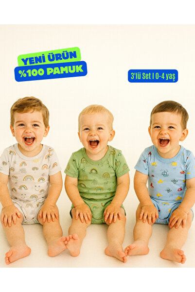 Vivolas Bebek 3’lü Set %100 Pamuk Desenli Kısa Kol Body Zıbın Seti Kız & Erke...