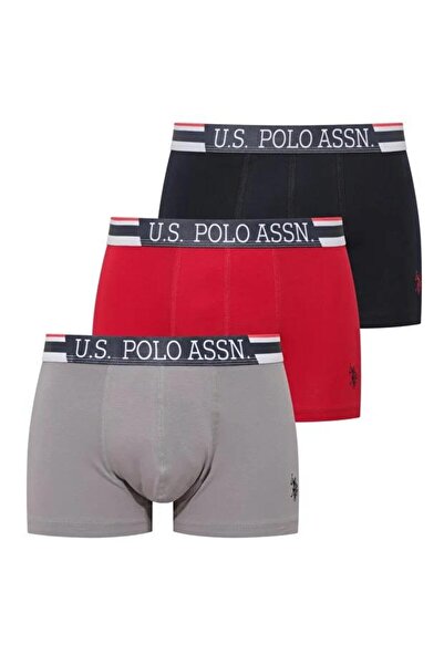 U.S. Polo Assn. 3'lü Modal Erkek Boxer, Gri Kırmızı Lacivert Erkek Boxer, %47...