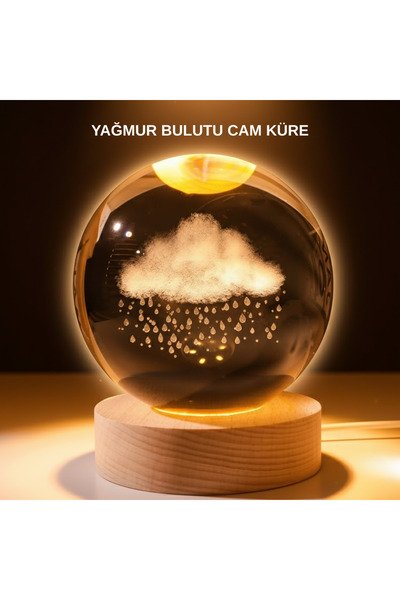 AyrStore Usb Led 3D Yağmur Bulutu Kristal Küre Sıcak Işıklı Ahşap Standlı Gec...