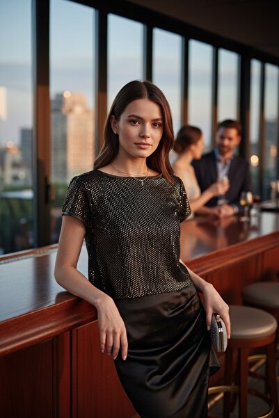 SADECE SEN DE tasarım parıltılı crop t-shirt /kısa kollu/şık gece bluz/pullu ...