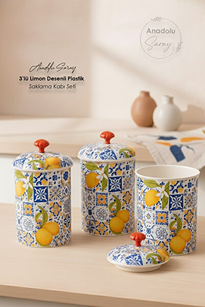 Anadolu Saray Set of 3 Lemon Patterned Plastic Storage Containers – Kitchen Organizer Storage Containers